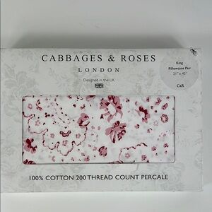 Cabbages & Roses Floral Pillowcases King Pink White Cotton Percale Set of 2 NEW